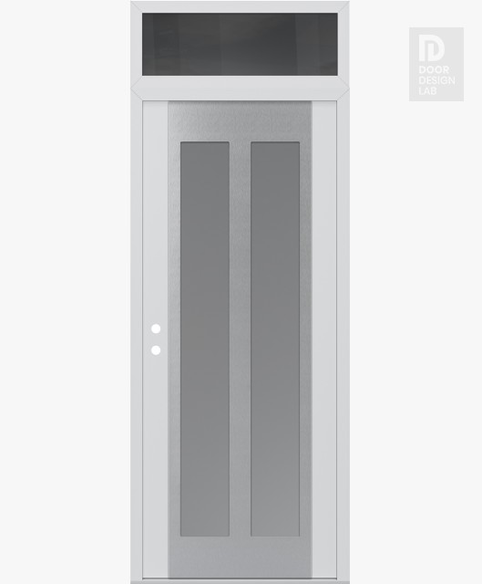 Modern Steel Front Door Diamond C14 36" x 96" white/white frosted Glass Panel stainless steel RHI with Transom mirrored Glass