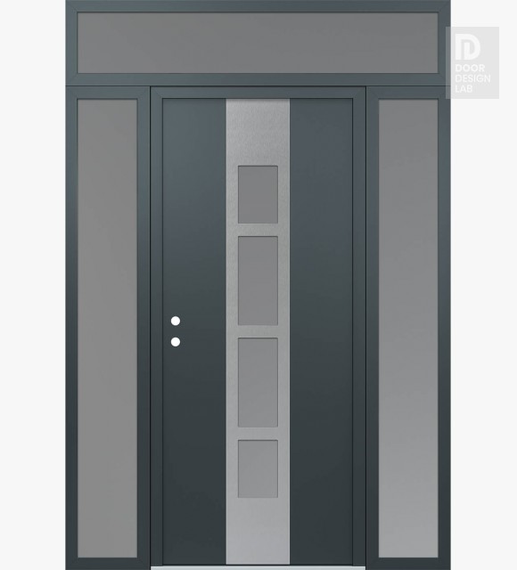 Modern Steel Front Door DIAMOND A10 68" X 96" ANTHRACITE/ANTHRACITE FROSTED GLASS PANEL STAINLESS STEEL RHI WITH 2 SIDELITES AND TRANSOM FROSTED GLASS