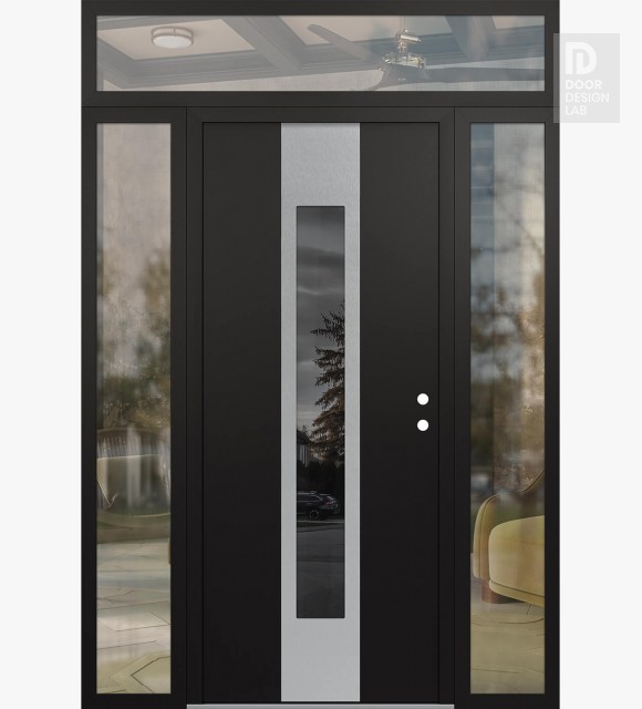 Modern Steel Front Door DIAMOND A1 60" X 96" BLACK/BLACK MIRRORED GLASS PANEL STAINLESS STEEL LHI WITH 2 SIDELITES AND TRANSOM CLEAR GLASS