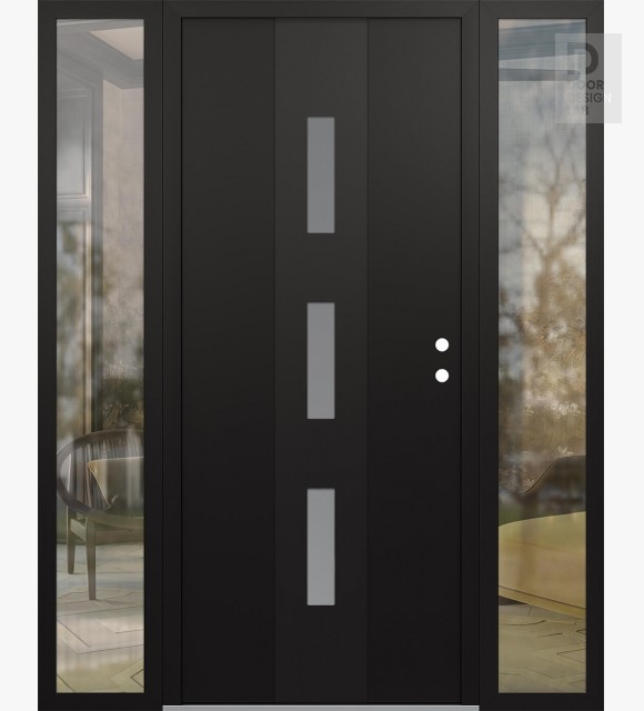 Modern Steel Front Door DIAMOND A7 60" X 80" BLACK/WHITE FROSTED GLASS PANEL BLACK LHI WITH 2 SIDELITES CLEAR GLASS