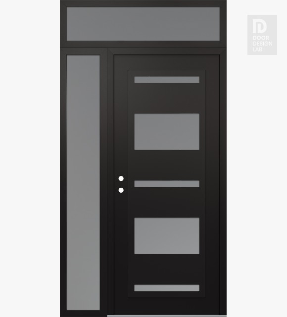 Modern Steel Front Door Diamond C10 50" x 96" black/white frosted Glass Panel black RHI with Sidelite and Transom frosted Glass