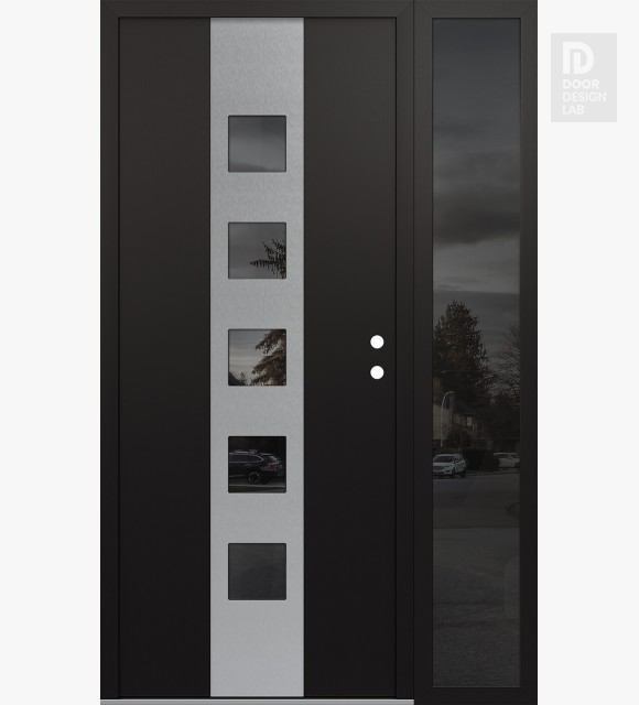 Modern Steel Front Door DIAMOND A13 52" X 80" BLACK/BLACK MIRRORED GLASS PANEL STAINLESS STEEL LHI WITH SIDELITE MIRRORED GLASS
