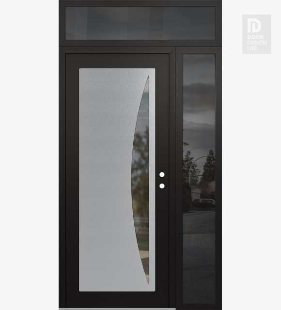 Modern Steel Front Door Diamond C13 52" x 96" black/black clear Glass Panel stainless steel LHI with Sidelite and Transom mirrored Glass