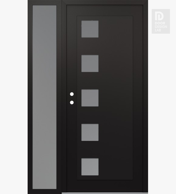 Modern Steel Front Door Diamond C5 52" x 80" black/white frosted Glass Panel black RHI with Sidelite frosted Glass