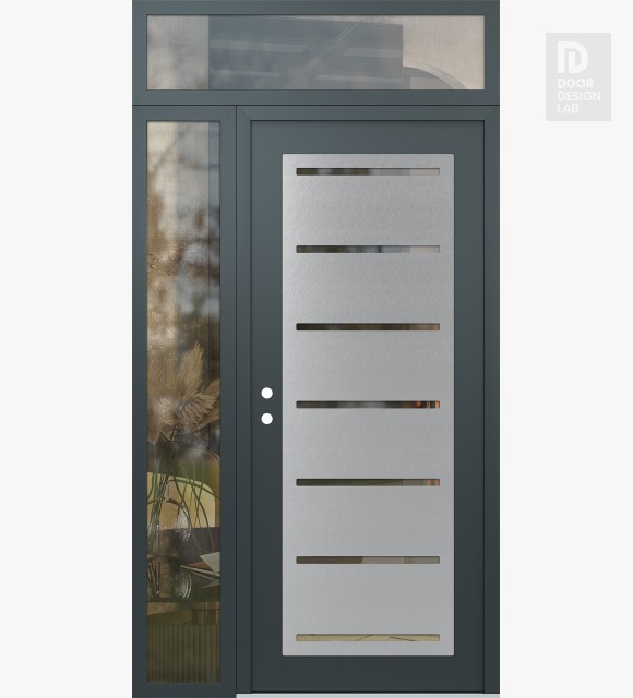 Modern Steel Front Door Diamond C11 52" x 96" anthracite/anthracite clear Glass Panel stainless steel RHI with Sidelite and Transom clear Glass