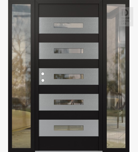 Modern Steel Front Door Diamond D9 68" x 80" black/black clear Glass Panel stainless steel RHI with 2 Sidelites clear Glass