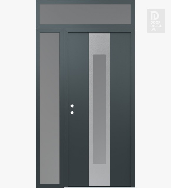 Modern Steel Front Door DIAMOND A1 50" X 96" ANTHRACITE/ANTHRACITE FROSTED GLASS PANEL STAINLESS STEEL RHI WITH SIDELITE AND TRANSOM FROSTED GLASS