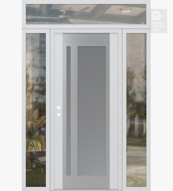 Modern Steel Front Door Diamond C15 64" x 96" white/white frosted Glass Panel stainless steel RHI with 2 Sidelites and Transom clear Glass
