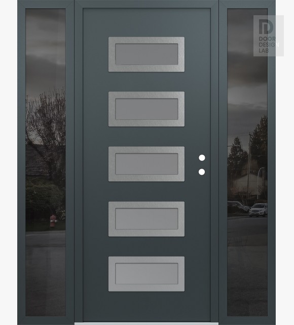 Modern Steel Front Door Diamond D1 64" x 80" anthracite/anthracite frosted Glass Panel stainless steel LHI with 2 Sidelites mirrored Glass