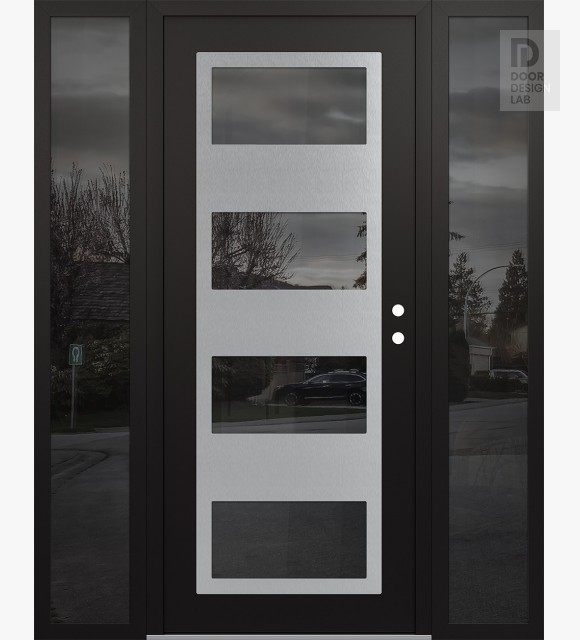 Modern Steel Front Door Diamond C2 68" x 80" black/black mirrored Glass Panel stainless steel LHI with 2 Sidelites mirrored Glass