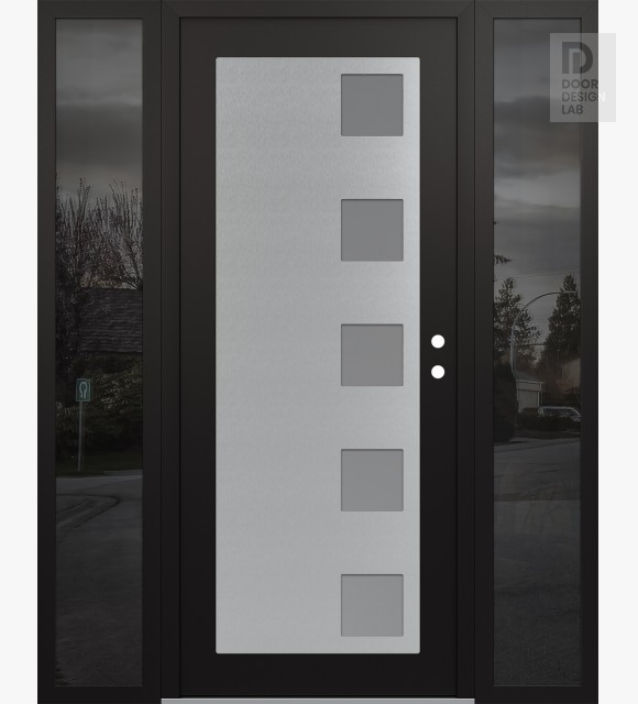 Modern Steel Front Door Diamond C5 64" x 80" black/white frosted Glass Panel stainless steel LHI with 2 Sidelites mirrored Glass
