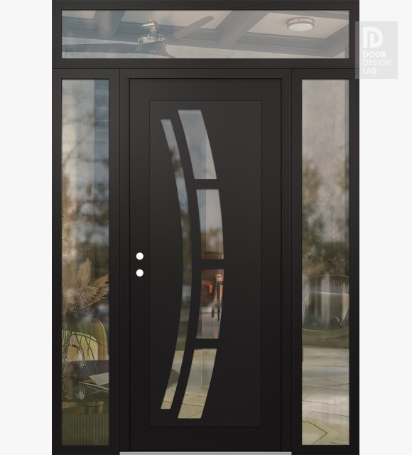 Modern Steel Front Door Diamond C12 64" x 96" black/black clear Glass Panel black RHI with 2 Sidelites and Transom clear Glass