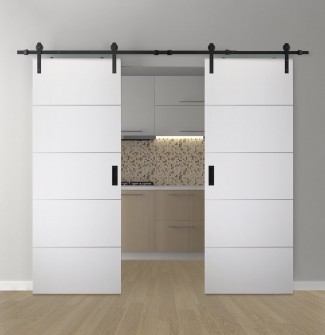 DOUBLE BARN DOOR OPTIMA 4H SNOW WHITE 60" X 80" X 1 3/4" SOLID CORE BLACK HARDWARE