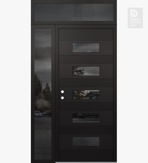 Modern Steel Front Door Diamond D5 52" x 96" black/black mirrored Glass Panel black RHI with Sidelite and Transom mirrored Glass