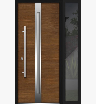 Front Exterior Prehung Steel Door / Deux 1744 Natural Oak / Side Exterior Black Window / Stainless Inserts Single Modern Painted-W36+16" x H80"-Right-hand Inswing