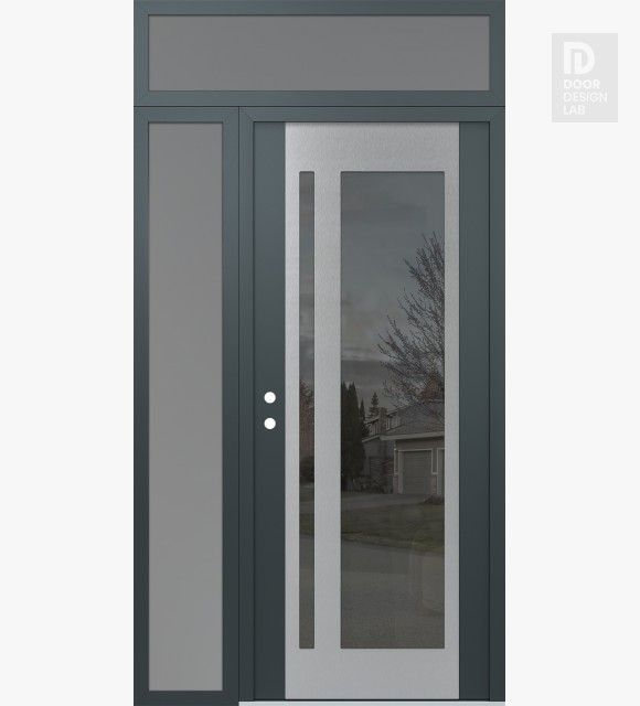 Modern Steel Front Door Diamond C15 52" x 96" anthracite/anthracite mirrored Glass Panel stainless steel RHI with Sidelite and Transom frosted Glass