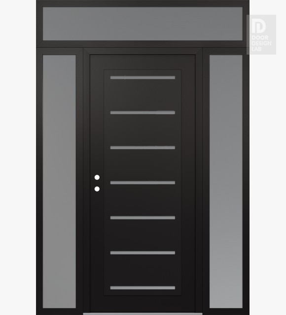 Modern Steel Front Door Diamond C11 64" x 96" black/white frosted Glass Panel black RHI with 2 Sidelites and Transom frosted Glass