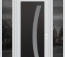 Modern Steel Front Door Diamond C4 64" x 96" white/white frosted Glass Panel black LHI with 2 Sidelites and Transom mirrored Glass