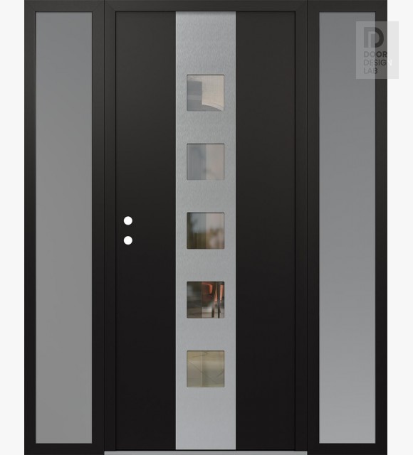 Modern Steel Front Door DIAMOND A13 68" X 80" BLACK/BLACK CLEAR GLASS PANEL STAINLESS STEEL RHI WITH 2 SIDELITES FROSTED GLASS
