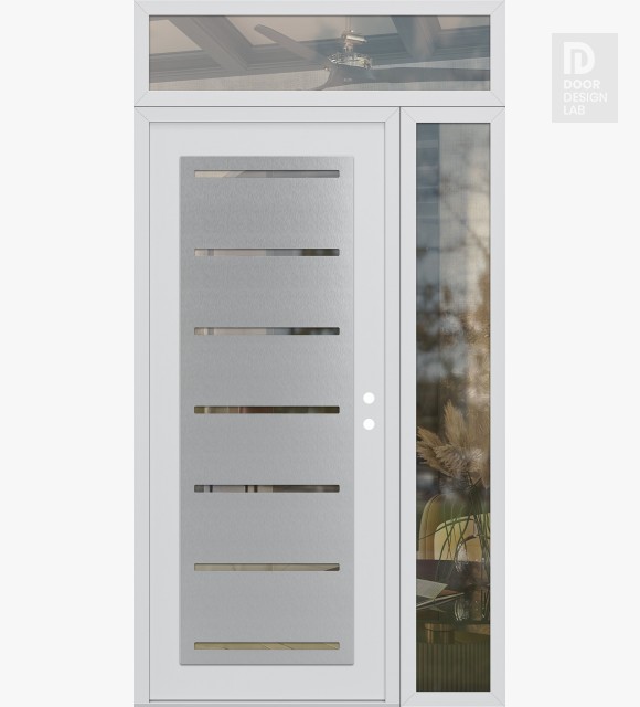 Modern Steel Front Door Diamond C11 52" x 96" white/white clear Glass Panel stainless steel LHI with Sidelite and Transom clear Glass