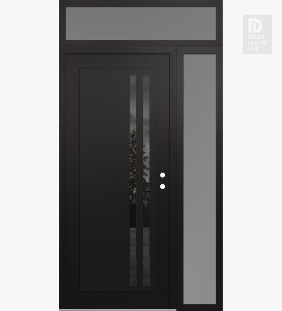 Modern Steel Front Door Diamond C6 52" x 96" black/black mirrored Glass Panel black LHI with Sidelite and Transom frosted Glass