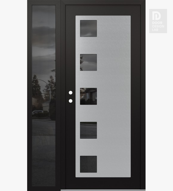 Modern Steel Front Door Diamond C5 52" x 80" black/black mirrored Glass Panel stainless steel RHI with Sidelite mirrored Glass
