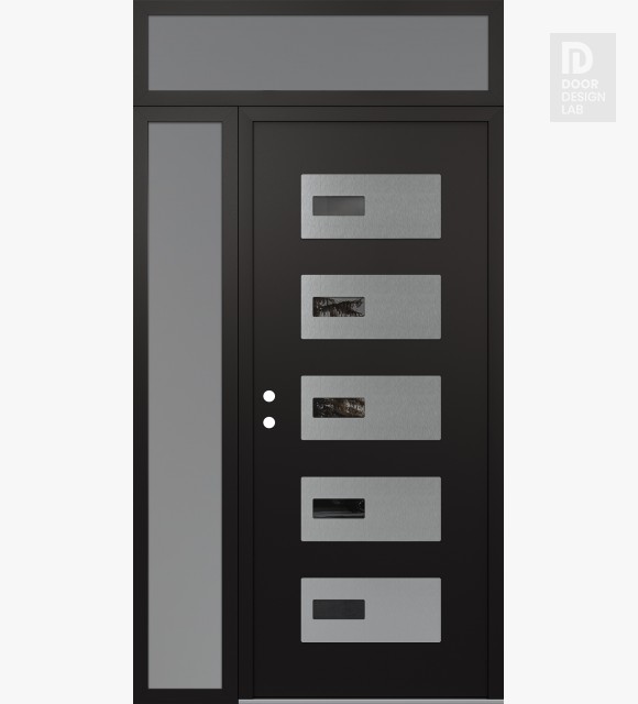 Modern Steel Front Door Diamond D7 48" x 96" black/black mirrored Glass Panel stainless steel RHI with Sidelite and Transom frosted Glass