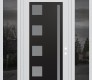 Modern Steel Front Door Diamond C3 68" x 96" white/white frosted Glass Panel black LHI with 2 Sidelites and Transom mirrored Glass