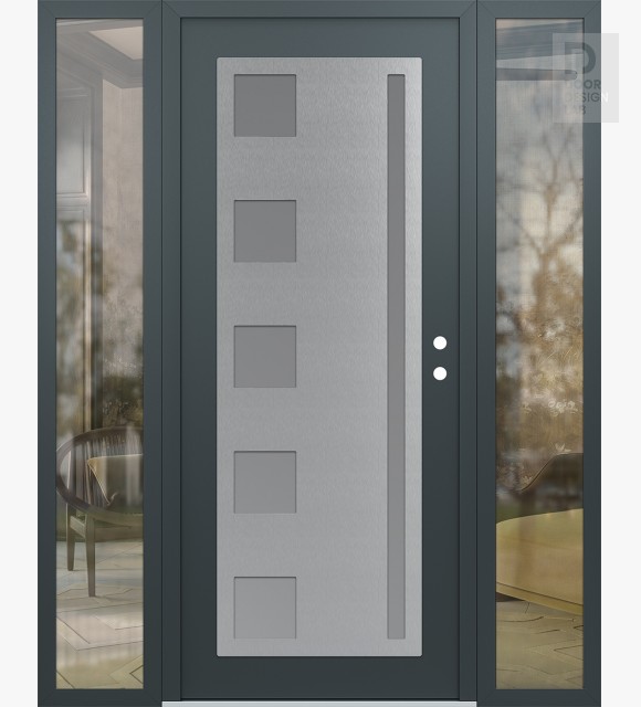 Modern Steel Front Door Diamond C3 64" x 80" anthracite/anthracite frosted Glass Panel stainless steel LHI with 2 Sidelites clear Glass