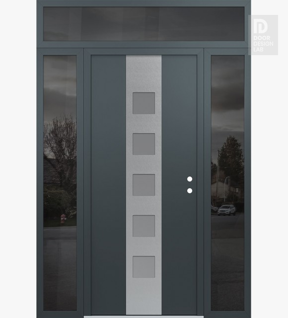 Modern Steel Front Door DIAMOND A13 60" X 96" ANTHRACITE/ANTHRACITE FROSTED GLASS PANEL STAINLESS STEEL LHI WITH 2 SIDELITES AND TRANSOM MIRRORED GLASS
