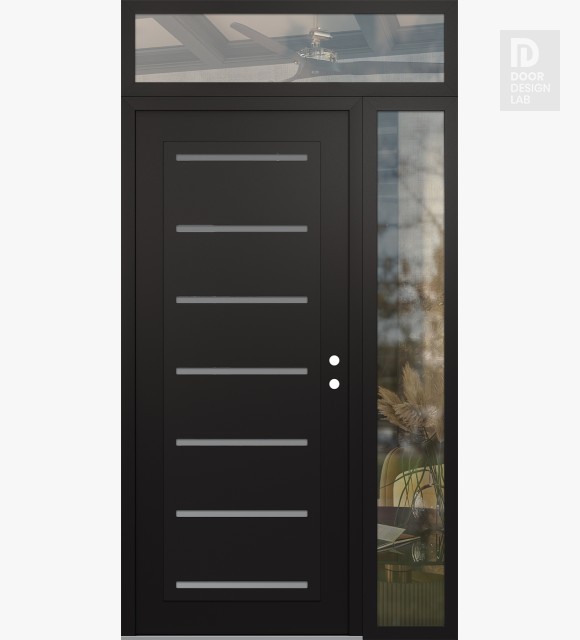 Modern Steel Front Door Diamond C11 50" x 96" black/white frosted Glass Panel black LHI with Sidelite and Transom clear Glass