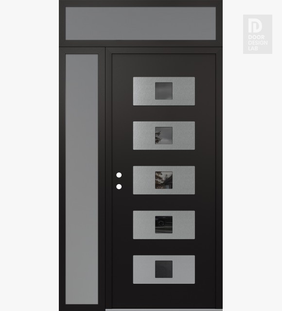 Modern Steel Front Door Diamond D8 48" x 96" black/black mirrored Glass Panel stainless steel RHI with Sidelite and Transom frosted Glass
