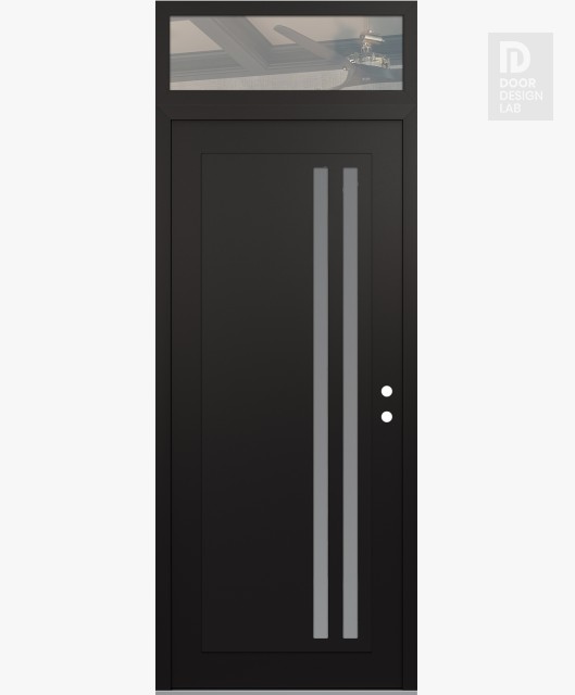 Modern Steel Front Door Diamond C6 36" x 96" black/white frosted Glass Panel black LHI with Transom clear Glass