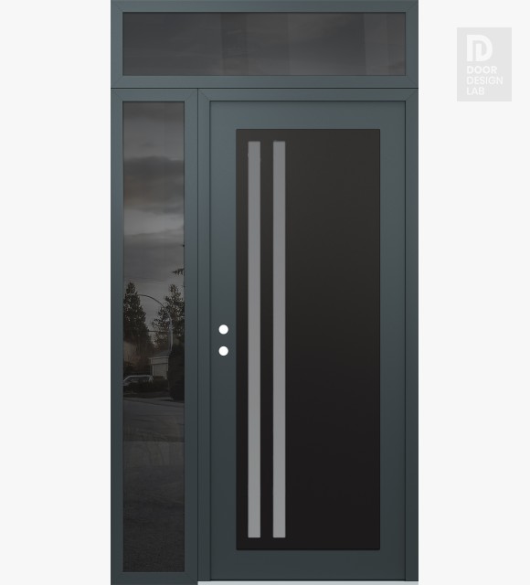 Modern Steel Front Door Diamond C6 48" x 96" anthracite/anthracite frosted Glass Panel black RHI with Sidelite and Transom mirrored Glass