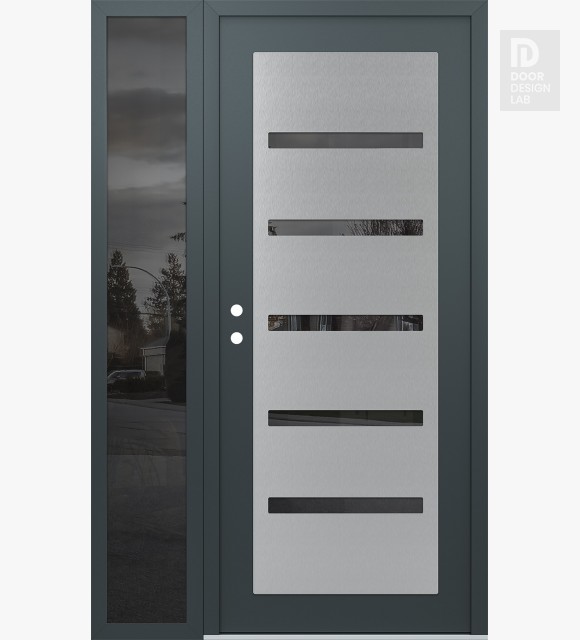 Modern Steel Front Door Diamond C7 48" x 80" anthracite/anthracite mirrored Glass Panel stainless steel RHI with Sidelite mirrored Glass
