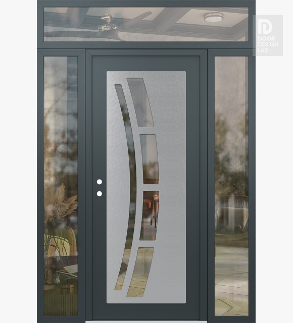 Modern Steel Front Door Diamond C12 68" x 96" anthracite/anthracite clear Glass Panel stainless steel RHI with 2 Sidelites and Transom clear Glass