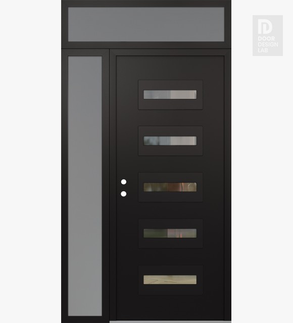 Modern Steel Front Door Diamond D4 48" x 96" black/black clear Glass Panel black RHI with Sidelite and Transom frosted Glass