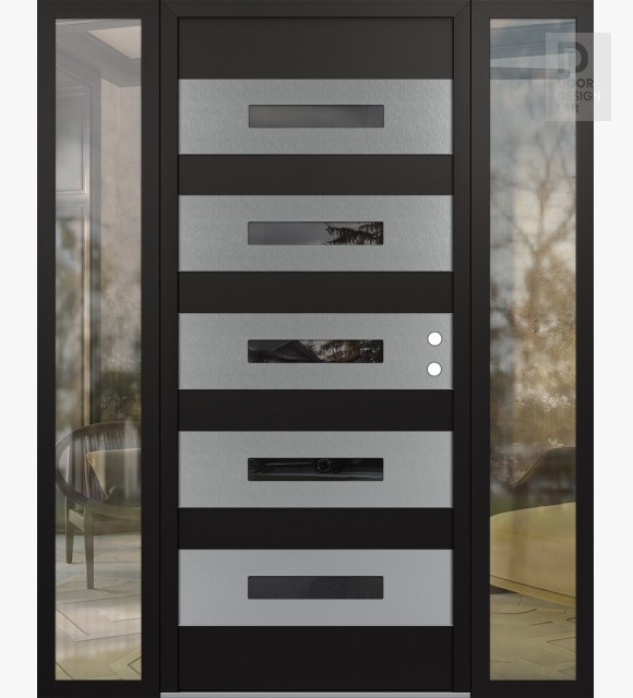 Modern Steel Front Door Diamond D9 68" x 80" black/black mirrored Glass Panel stainless steel LHI with 2 Sidelites clear Glass