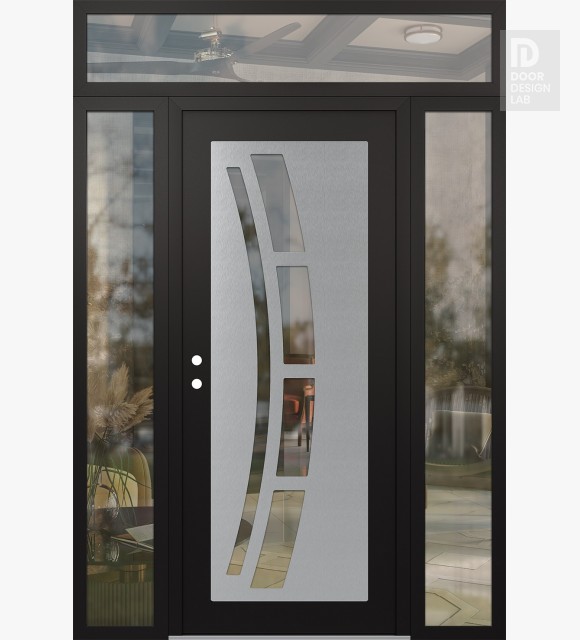 Modern Steel Front Door Diamond C12 60" x 96" black/black clear Glass Panel stainless steel RHI with 2 Sidelites and Transom clear Glass