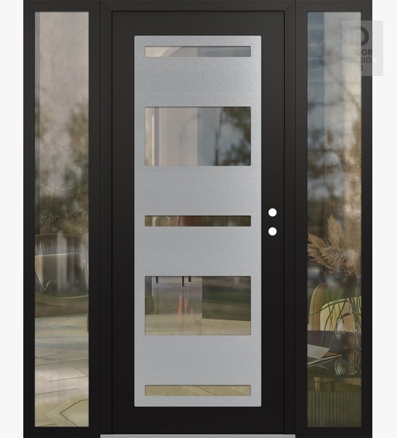 Modern Steel Front Door Diamond C10 68" x 80" black/black clear Glass Panel stainless steel LHI with 2 Sidelites clear Glass