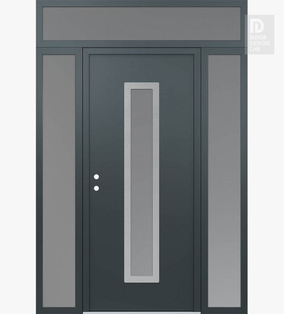 Modern Steel Front Door DIAMOND A11 60" X 96" ANTHRACITE/ANTHRACITE FROSTED GLASS PANEL STAINLESS STEEL RHI WITH 2 SIDELITES AND TRANSOM FROSTED GLASS