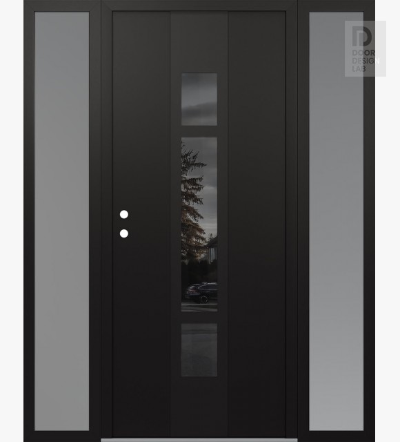 Modern Steel Front Door DIAMOND A9 68" X 80" BLACK/BLACK MIRRORED GLASS PANEL BLACK RHI WITH 2 SIDELITES FROSTED GLASS