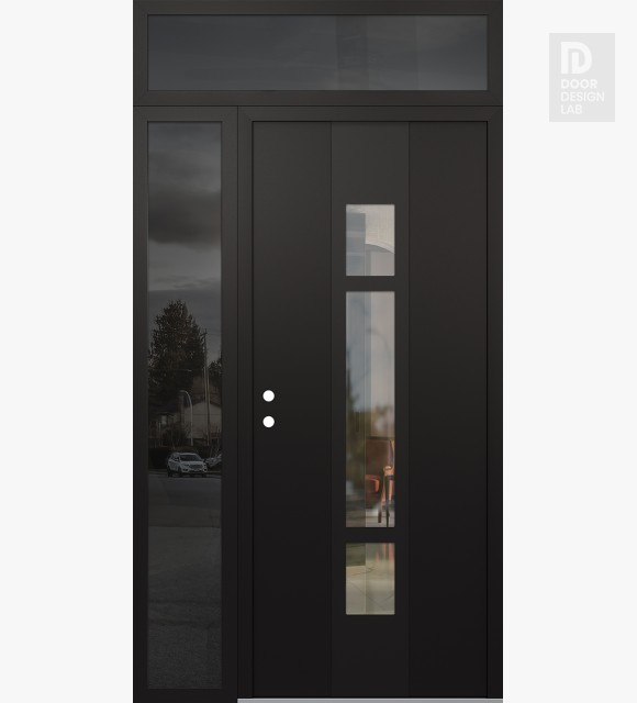 Modern Steel Front Door DIAMOND A9 50" X 96" BLACK/BLACK CLEAR GLASS PANEL BLACK RHI WITH SIDELITE AND TRANSOM MIRRORED GLASS