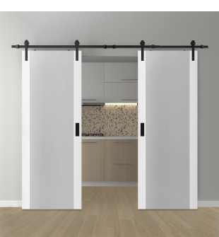 DOUBLE BARN DOOR PALLADIO 202 VETRO BIANCO NOBLE 36" X 80" X 1 9/16" TEMPERED FROSTED GLASS BLACK HARDWARE