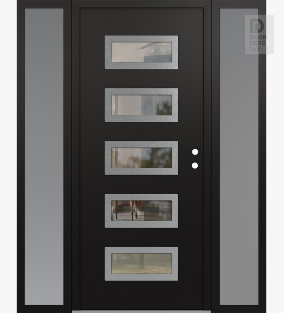 Modern Steel Front Door Diamond D1 64" x 80" black/black clear Glass Panel stainless steel LHI with 2 Sidelites frosted Glass