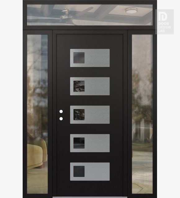 Modern Steel Front Door Diamond D2 64" x 96" black/black mirrored Glass Panel stainless steel RHI with 2 Sidelites and Transom clear Glass