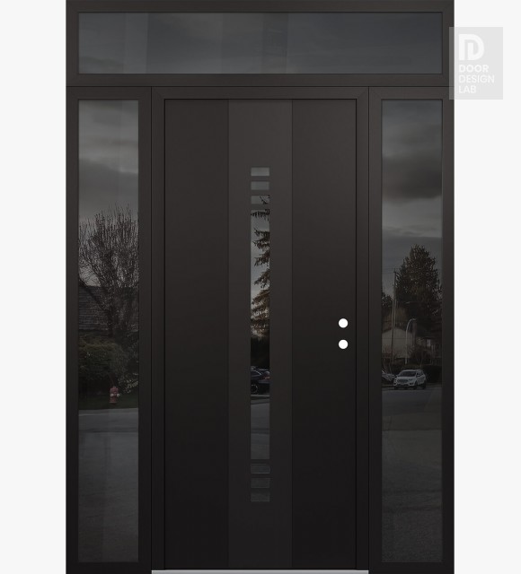 Modern Steel Front Door DIAMOND A5 60" X 96" BLACK/BLACK MIRRORED GLASS PANEL BLACK LHI WITH 2 SIDELITES AND TRANSOM MIRRORED GLASS