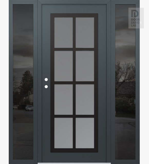 Modern Steel Front Door Diamond C16 68" x 80" anthracite/anthracite frosted Glass Panel black RHI with 2 Sidelites mirrored Glass