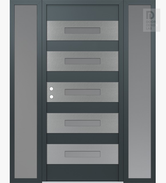 Modern Steel Front Door Diamond D9 60" x 80" anthracite/anthracite frosted Glass Panel stainless steel RHI with 2 Sidelites frosted Glass