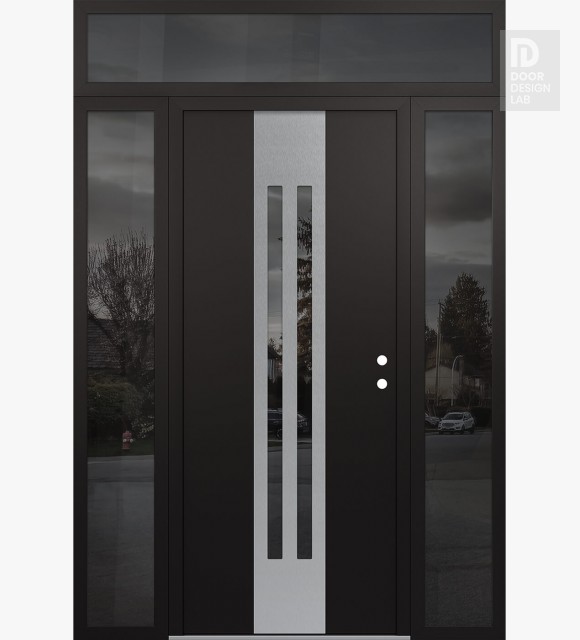 Modern Steel Front Door DIAMOND A8 64" X 96" BLACK/BLACK MIRRORED GLASS PANEL STAINLESS STEEL LHI WITH 2 SIDELITES AND TRANSOM MIRRORED GLASS